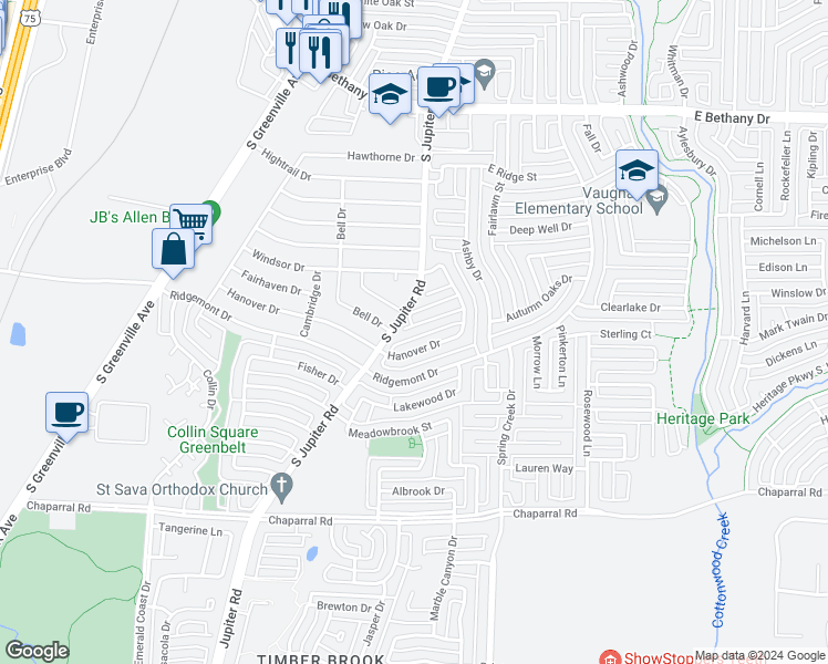 map of restaurants, bars, coffee shops, grocery stores, and more near 606 Aldenwood Street in Allen