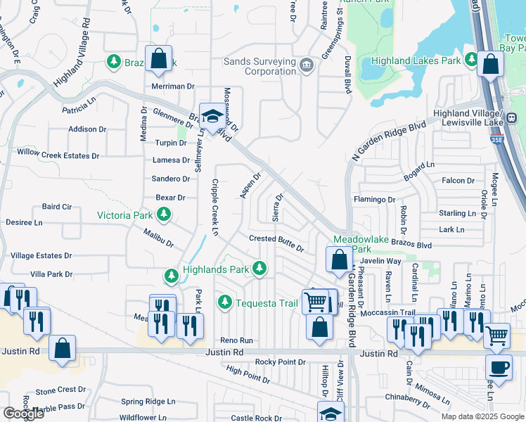 map of restaurants, bars, coffee shops, grocery stores, and more near 2004 Eagle Nest Pass in Lewisville