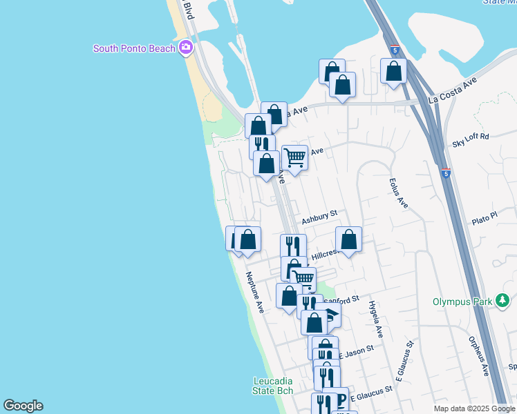 map of restaurants, bars, coffee shops, grocery stores, and more near 1760 Kennington Road in Encinitas