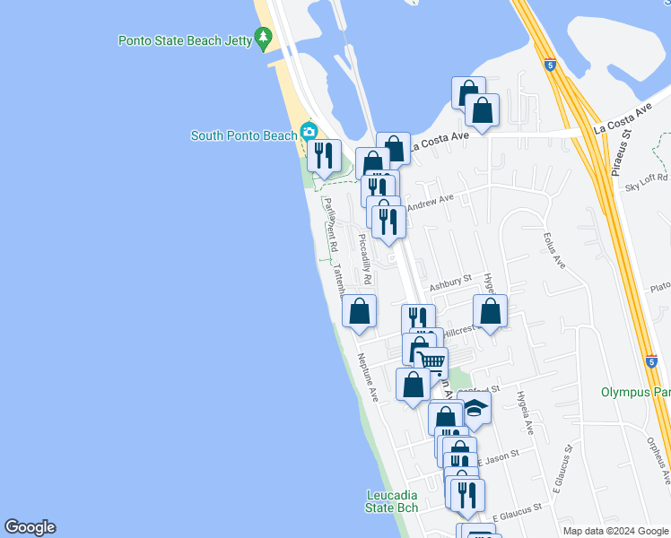 map of restaurants, bars, coffee shops, grocery stores, and more near 1762 Tattenham Road in Encinitas