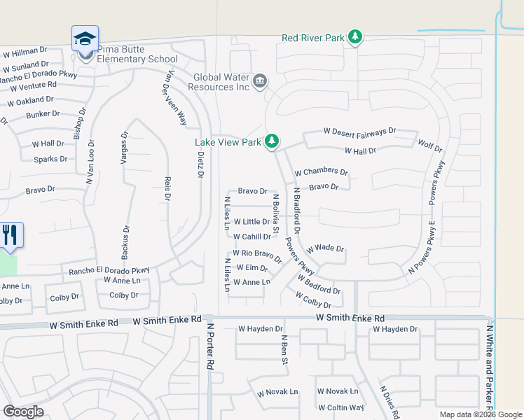 map of restaurants, bars, coffee shops, grocery stores, and more near 41201 West Park Hill Drive in Maricopa