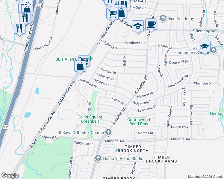 map of restaurants, bars, coffee shops, grocery stores, and more near 547 Fisher Drive in Allen