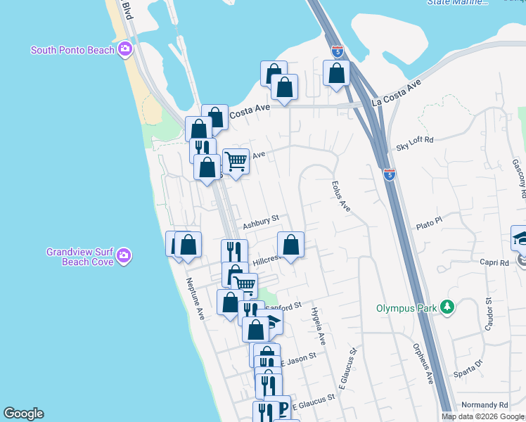 map of restaurants, bars, coffee shops, grocery stores, and more near 1730 Wilstone Avenue in Encinitas