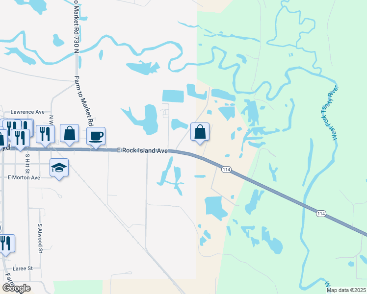 map of restaurants, bars, coffee shops, grocery stores, and more near 809 East Rock Island Avenue in Boyd