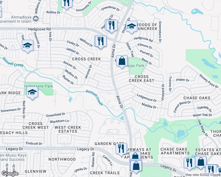 map of restaurants, bars, coffee shops, grocery stores, and more near 1105 Baxter Drive in Plano