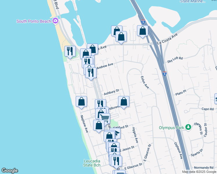 map of restaurants, bars, coffee shops, grocery stores, and more near 1813 Wilstone Avenue in Encinitas