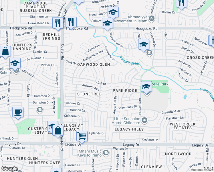 map of restaurants, bars, coffee shops, grocery stores, and more near 7505 England Drive in Plano