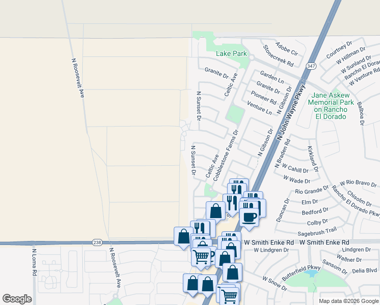 map of restaurants, bars, coffee shops, grocery stores, and more near 21918 North Sunset Drive in Maricopa