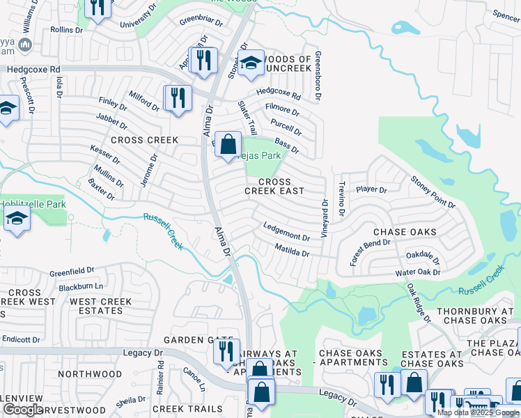 map of restaurants, bars, coffee shops, grocery stores, and more near 928 Baxter Drive in Plano