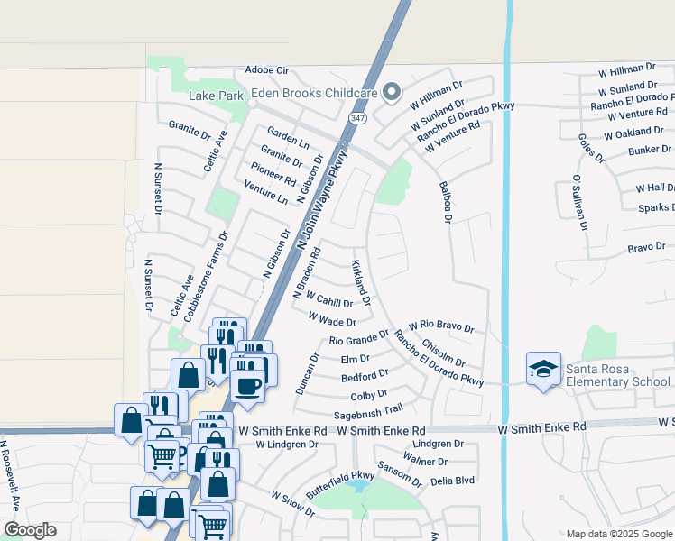 map of restaurants, bars, coffee shops, grocery stores, and more near 43797 West Baker Drive in Maricopa