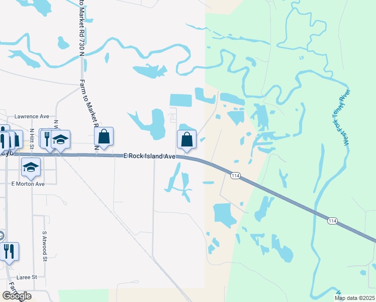 map of restaurants, bars, coffee shops, grocery stores, and more near 809 East Rock Island Avenue in Boyd