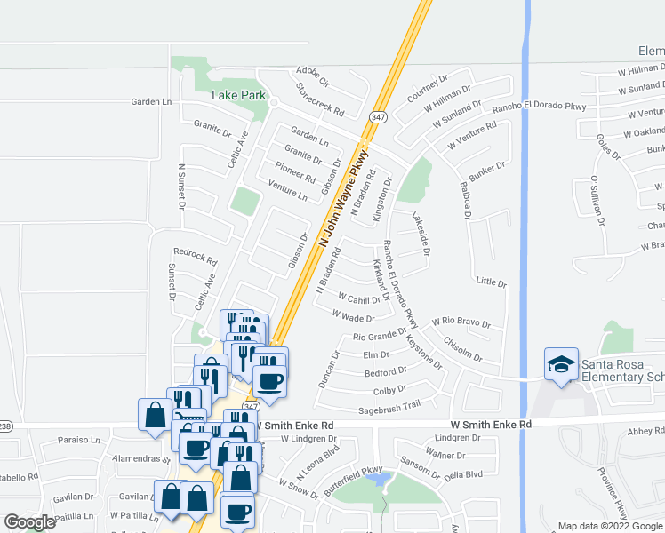 map of restaurants, bars, coffee shops, grocery stores, and more near 43938 West Carey Drive in Maricopa
