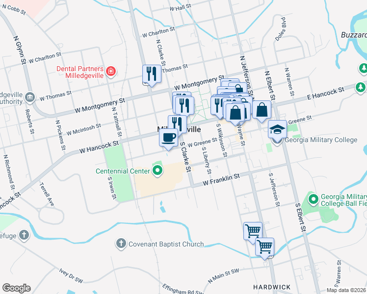 map of restaurants, bars, coffee shops, grocery stores, and more near South Clarke Street in Milledgeville