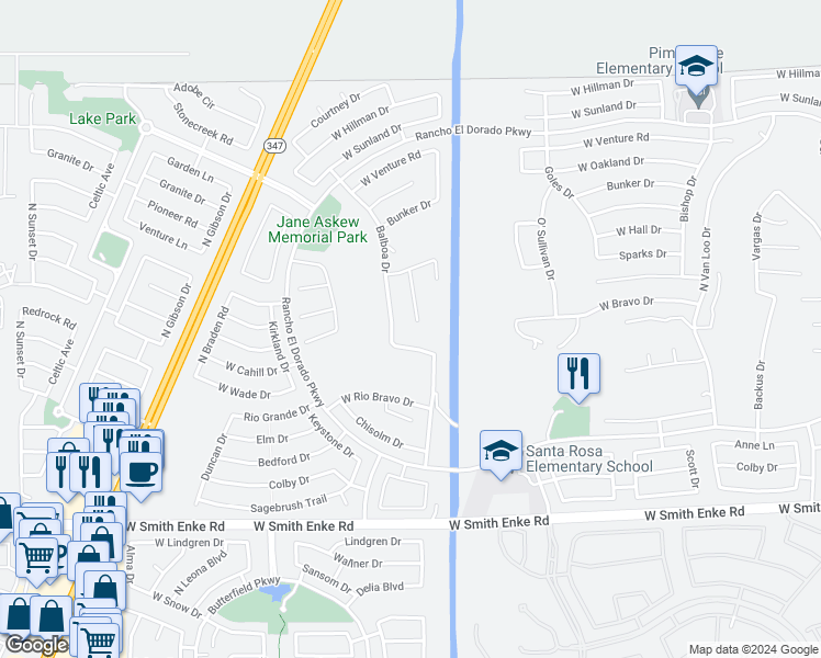 map of restaurants, bars, coffee shops, grocery stores, and more near 21920 N Desert Park Ct in Maricopa