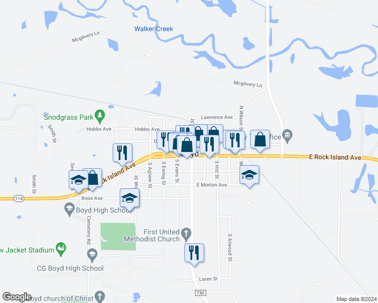 map of restaurants, bars, coffee shops, grocery stores, and more near 100 Allen Street in Boyd
