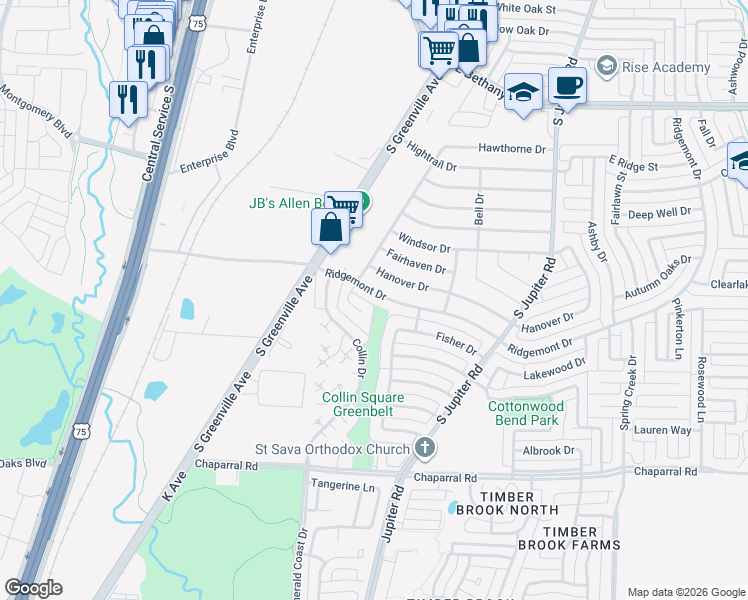 map of restaurants, bars, coffee shops, grocery stores, and more near 518 Hanover Drive in Allen