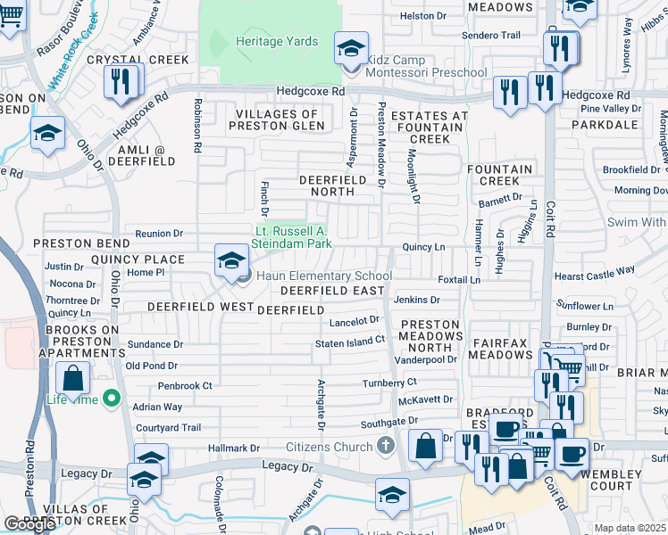 map of restaurants, bars, coffee shops, grocery stores, and more near 7409 Gurney Drive in Plano