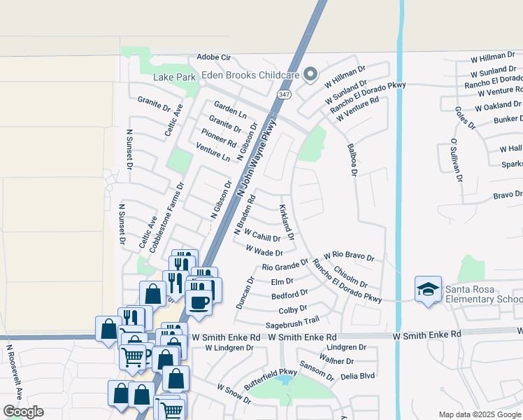map of restaurants, bars, coffee shops, grocery stores, and more near 43843 West Baker Drive in Maricopa