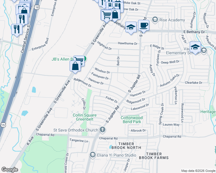 map of restaurants, bars, coffee shops, grocery stores, and more near 1013 Cambridge Drive in Allen