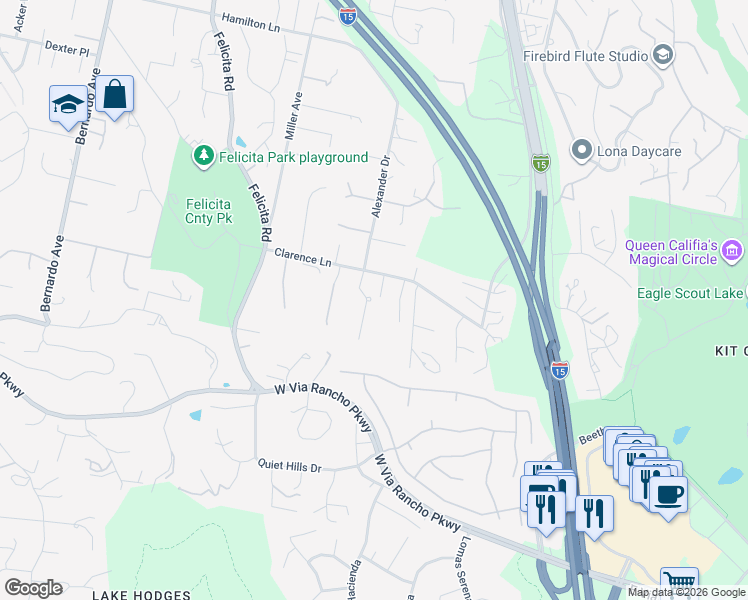 map of restaurants, bars, coffee shops, grocery stores, and more near 2830 Calmar Drive in Escondido