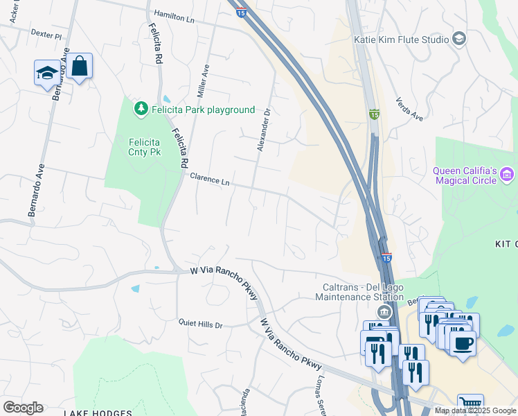 map of restaurants, bars, coffee shops, grocery stores, and more near 2830 Calmar Drive in Escondido