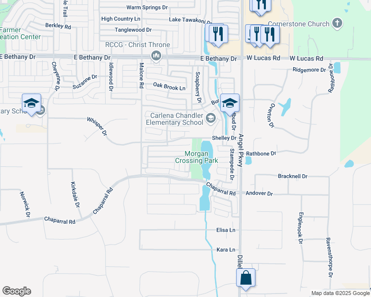 map of restaurants, bars, coffee shops, grocery stores, and more near 1710 Tulare Drive in Allen