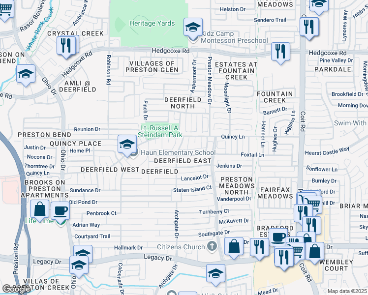map of restaurants, bars, coffee shops, grocery stores, and more near 7409 Gurney Drive in Plano