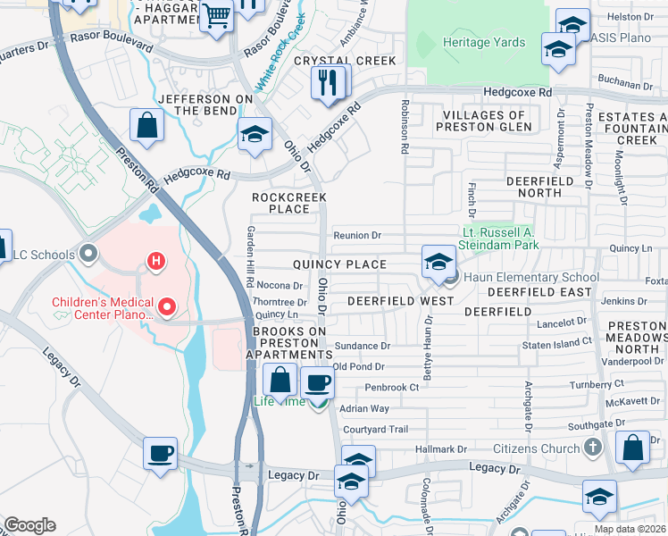map of restaurants, bars, coffee shops, grocery stores, and more near 4684 Portrait Lane in Plano