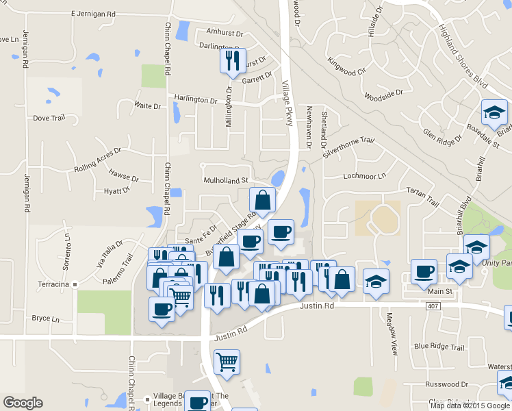 map of restaurants, bars, coffee shops, grocery stores, and more near 904 Summertrail Court in Highland Village
