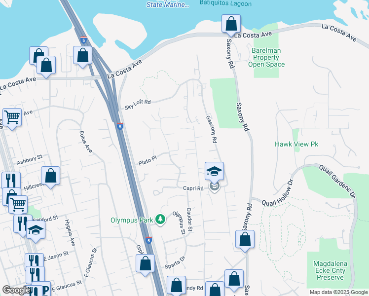 map of restaurants, bars, coffee shops, grocery stores, and more near 1636 Burgundy Road in Encinitas