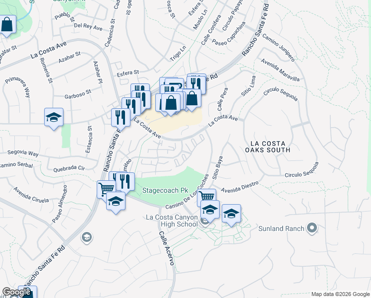 map of restaurants, bars, coffee shops, grocery stores, and more near 7703 Caminito Puerto in Carlsbad