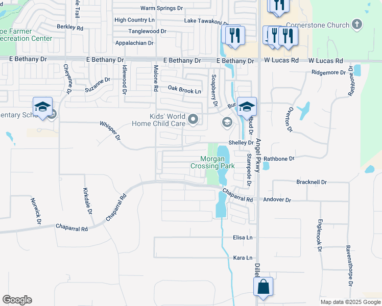 map of restaurants, bars, coffee shops, grocery stores, and more near 1710 Tulare Drive in Allen