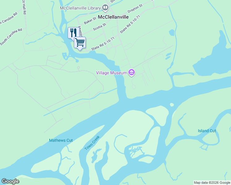 map of restaurants, bars, coffee shops, grocery stores, and more near 480 Romain Road in McClellanville