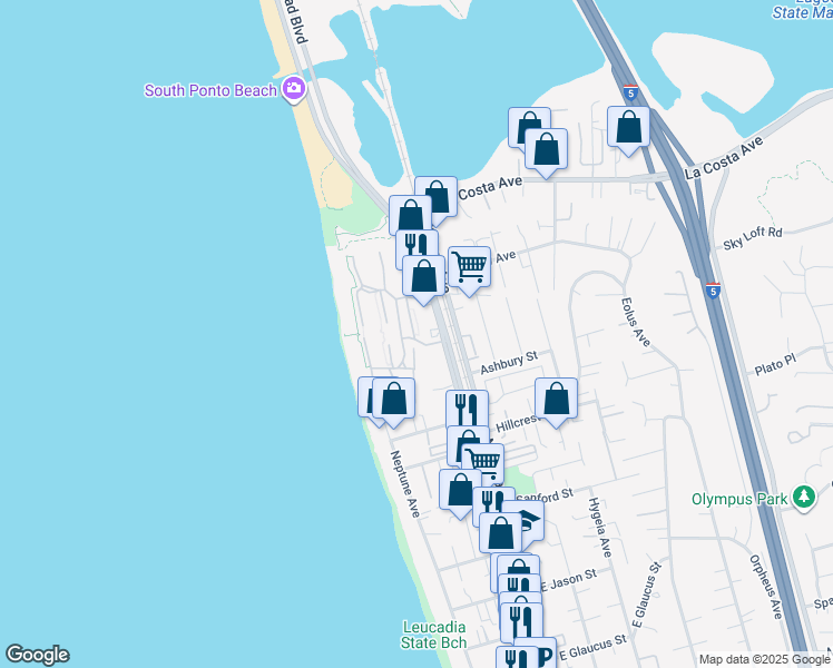 map of restaurants, bars, coffee shops, grocery stores, and more near 1801 Milbank Road in Encinitas