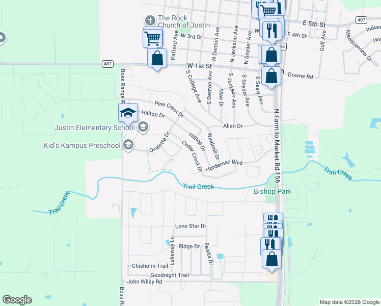map of restaurants, bars, coffee shops, grocery stores, and more near 227 Cedar Crest Drive in Justin