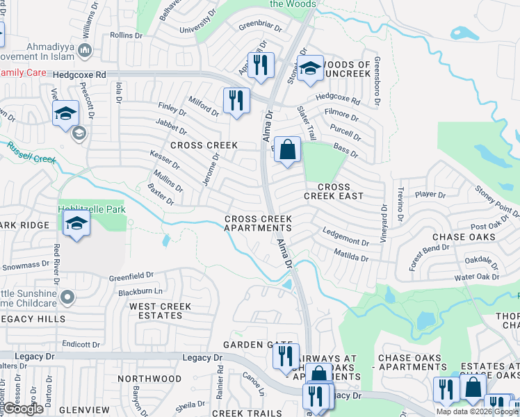 map of restaurants, bars, coffee shops, grocery stores, and more near 1105 Kesser Drive in Plano
