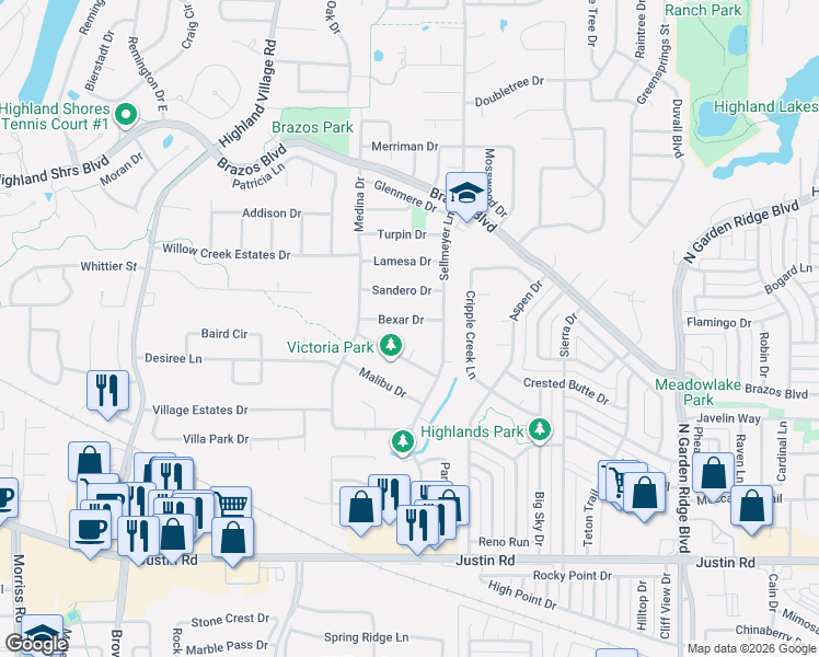 map of restaurants, bars, coffee shops, grocery stores, and more near 213 Bexar Drive in Highland Village
