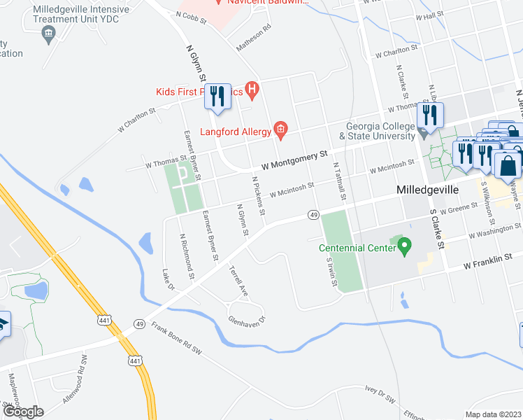 map of restaurants, bars, coffee shops, grocery stores, and more near 132 North Pickens Street in Milledgeville