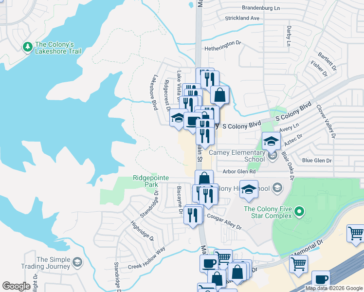 map of restaurants, bars, coffee shops, grocery stores, and more near 4908 Westport Drive in The Colony