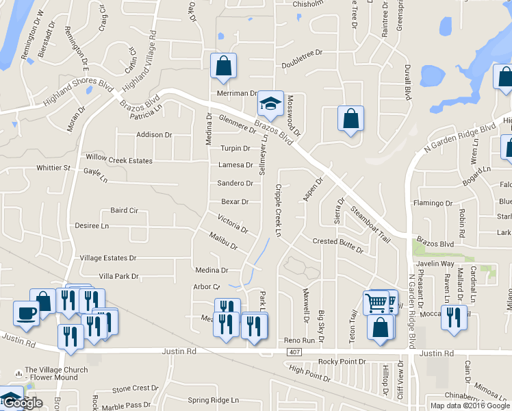 map of restaurants, bars, coffee shops, grocery stores, and more near 233 Bexar Drive in Highland Village