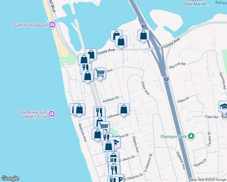 map of restaurants, bars, coffee shops, grocery stores, and more near 1753 Wilstone Avenue in Encinitas