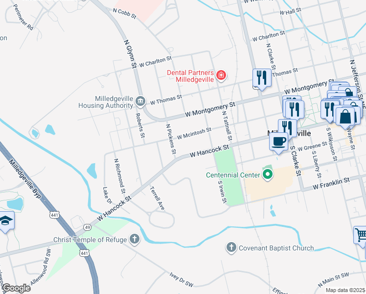 map of restaurants, bars, coffee shops, grocery stores, and more near 131 North Pickens Street in Milledgeville