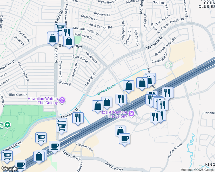map of restaurants, bars, coffee shops, grocery stores, and more near 5556 Yellowstone Road in The Colony