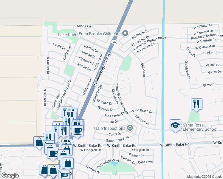 map of restaurants, bars, coffee shops, grocery stores, and more near 43742 West Baker Drive in Maricopa