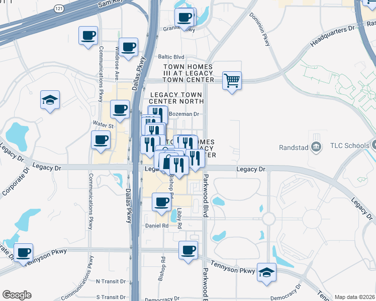 map of restaurants, bars, coffee shops, grocery stores, and more near 5780 Robbie Road in Plano