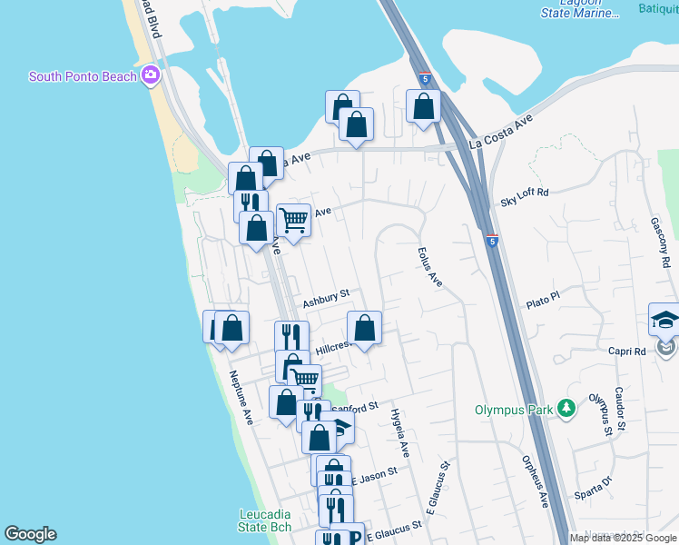 map of restaurants, bars, coffee shops, grocery stores, and more near 1753 Wilstone Avenue in Encinitas