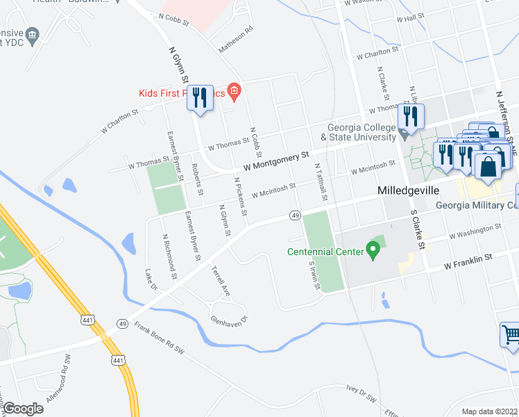 map of restaurants, bars, coffee shops, grocery stores, and more near 131 North Pickens Street in Milledgeville