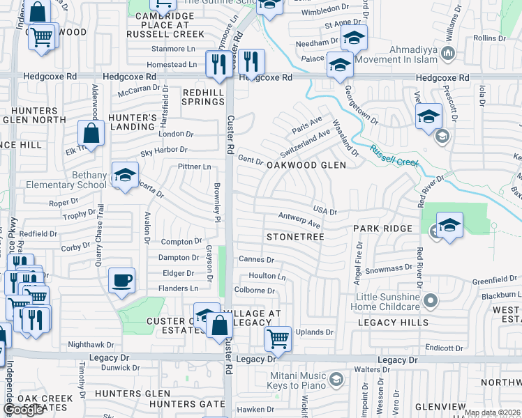 map of restaurants, bars, coffee shops, grocery stores, and more near 2124 USA Drive in Plano