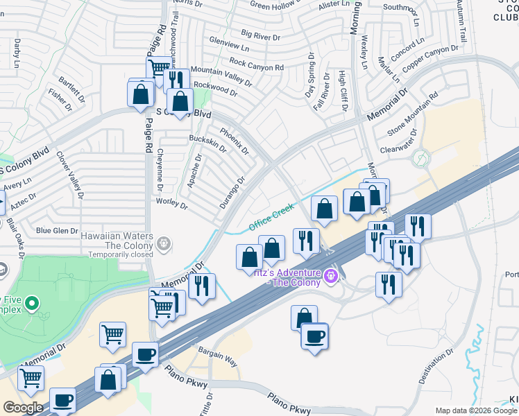 map of restaurants, bars, coffee shops, grocery stores, and more near 5552 Liberty Drive in The Colony