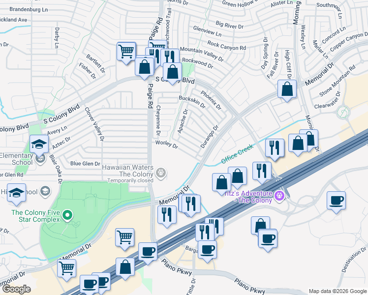 map of restaurants, bars, coffee shops, grocery stores, and more near 5512 Worley Drive in The Colony